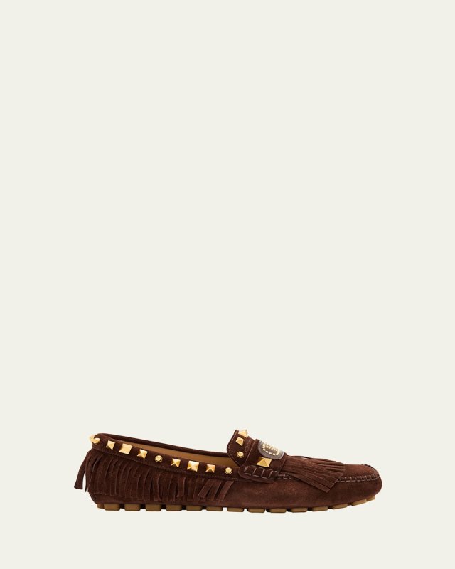V-Logo Rockstud Suede Fringe Driver Loafers